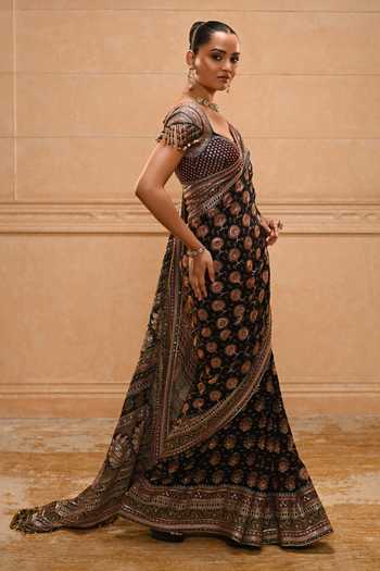 Shop_Tarun Tahiliani_Black Silk, Dupion, Georgette Sweetheart Kashida Embroidered Saree With Blouse _Online_at_Aza_Fashions