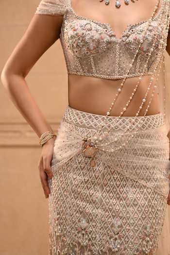 Buy_Tarun Tahiliani_Ivory Tulle Sequins, Pearls, Cut Work Sweetheart Basra Concept Saree With Blouse _Online_at_Aza_Fashions