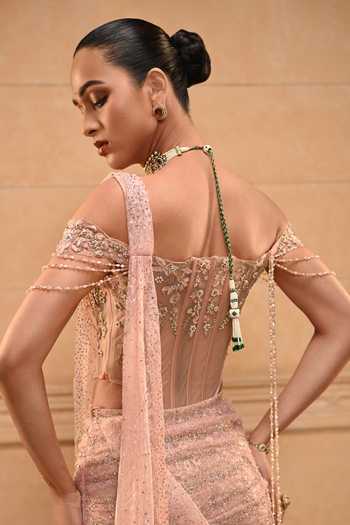 Tarun Tahiliani_Pink Tulle Sequins, Beads, Pearls, Rococo Floral Concept Saree With Blouse _Online_at_Aza_Fashions