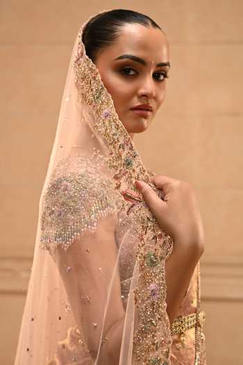 Tarun Tahiliani Pink Tulle, Silk, Brocade V-neck Rococo Floral Kanjivaram Saree With Blouse Online at Aza Fashions Tarun Tahiliani_Pink Tulle, Silk, Brocade V-neck Rococo Floral Kanjivaram Saree With Blouse _Online_at_Aza_Fashions