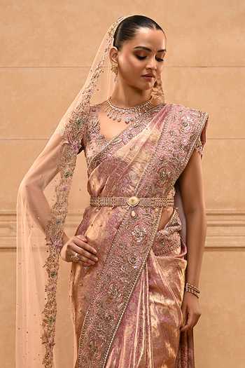 Buy Tarun Tahiliani Pink Tulle, Silk, Brocade V-neck Rococo Floral Kanjivaram Saree With Blouse Online at Aza Fashions Buy_Tarun Tahiliani_Pink Tulle, Silk, Brocade V-neck Rococo Floral Kanjivaram Saree With Blouse _Online_at_Aza_Fashions