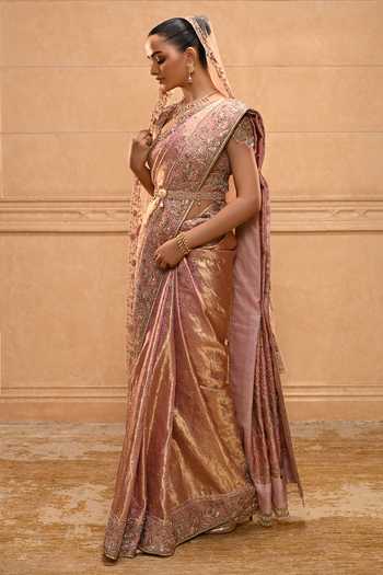 Shop Tarun Tahiliani Pink Tulle, Silk, Brocade V-neck Rococo Floral Kanjivaram Saree With Blouse Online at Aza Fashions Shop_Tarun Tahiliani_Pink Tulle, Silk, Brocade V-neck Rococo Floral Kanjivaram Saree With Blouse _Online_at_Aza_Fashions