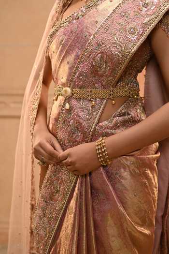 Tarun Tahiliani Pink Tulle, Silk, Brocade V-neck Rococo Floral Kanjivaram Saree With Blouse at Aza Fashions Tarun Tahiliani_Pink Tulle, Silk, Brocade V-neck Rococo Floral Kanjivaram Saree With Blouse _at_Aza_Fashions