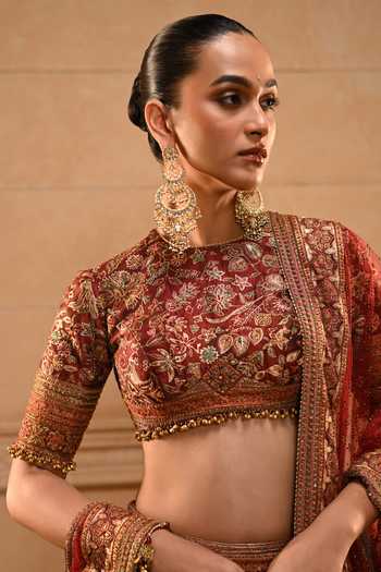 Tarun Tahiliani Maroon Silk, Dupion, Tulle Round Neck Zubeda Embroidered Lehenga Set Online at Aza Fashions Tarun Tahiliani_Maroon Silk, Dupion, Tulle Round Neck Zubeda Embroidered Lehenga Set _Online_at_Aza_Fashions