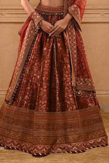 Buy Tarun Tahiliani Maroon Silk, Dupion, Tulle Round Neck Zubeda Embroidered Lehenga Set Online at Aza Fashions Buy_Tarun Tahiliani_Maroon Silk, Dupion, Tulle Round Neck Zubeda Embroidered Lehenga Set _Online_at_Aza_Fashions
