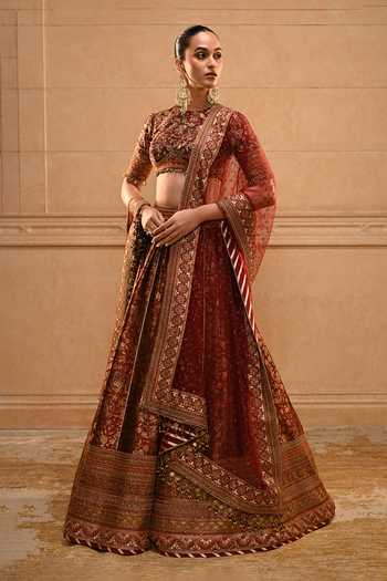Shop Tarun Tahiliani Maroon Silk, Dupion, Tulle Round Neck Zubeda Embroidered Lehenga Set Online at Aza Fashions Shop_Tarun Tahiliani_Maroon Silk, Dupion, Tulle Round Neck Zubeda Embroidered Lehenga Set _Online_at_Aza_Fashions