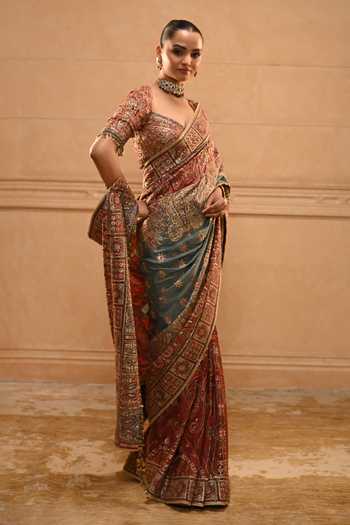 Tarun Tahiliani Kashida Embroidered Saree With Blouse
