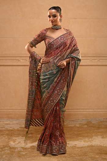 Tarun Tahiliani Kashida Embroidered Saree With Blouse