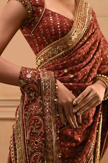 Shop_Tarun Tahiliani_Red Silk, Dupion Square Neck Zubeda Embroidered Saree With Blouse _Online_at_Aza_Fashions