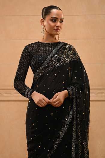 Tarun Tahiliani_Black Tulle, Georgette Round Neck Mukaish Embellished Saree With Blouse _Online_at_Aza_Fashions