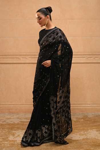 Buy_Tarun Tahiliani_Black Tulle, Georgette Round Neck Mukaish Embellished Saree With Blouse _Online_at_Aza_Fashions