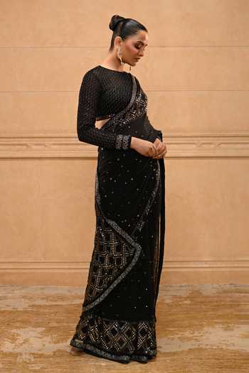 Shop_Tarun Tahiliani_Black Tulle, Georgette Round Neck Mukaish Embellished Saree With Blouse _Online_at_Aza_Fashions