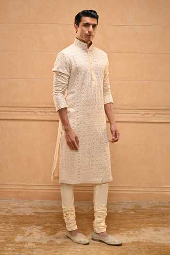 Tarun Tahiliani Gold Lycra, Poplin Chikankari Embroidered Kurta Set Online at Aza Fashions Tarun Tahiliani_Gold Lycra, Poplin Chikankari Embroidered Kurta Set _Online_at_Aza_Fashions