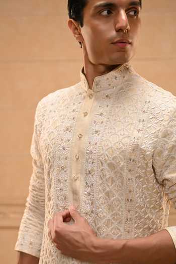 Buy Tarun Tahiliani Gold Lycra, Poplin Chikankari Embroidered Kurta Set Online at Aza Fashions Buy_Tarun Tahiliani_Gold Lycra, Poplin Chikankari Embroidered Kurta Set _Online_at_Aza_Fashions