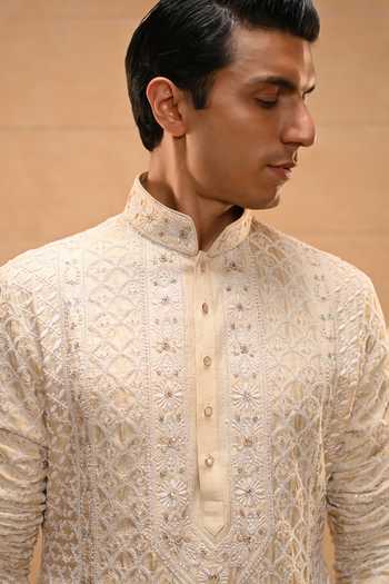 Shop Tarun Tahiliani Gold Lycra, Poplin Chikankari Embroidered Kurta Set Online at Aza Fashions Shop_Tarun Tahiliani_Gold Lycra, Poplin Chikankari Embroidered Kurta Set _Online_at_Aza_Fashions