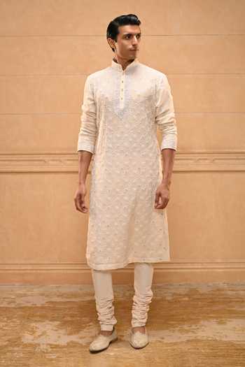 Tarun Tahiliani Ivory Lycra, Poplin Classic Chikankari Kurta Set Online at Aza Fashions Tarun Tahiliani_Ivory Lycra, Poplin Classic Chikankari Kurta Set _Online_at_Aza_Fashions