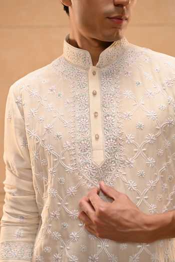 Buy Tarun Tahiliani Ivory Lycra, Poplin Classic Chikankari Kurta Set Online at Aza Fashions Buy_Tarun Tahiliani_Ivory Lycra, Poplin Classic Chikankari Kurta Set _Online_at_Aza_Fashions