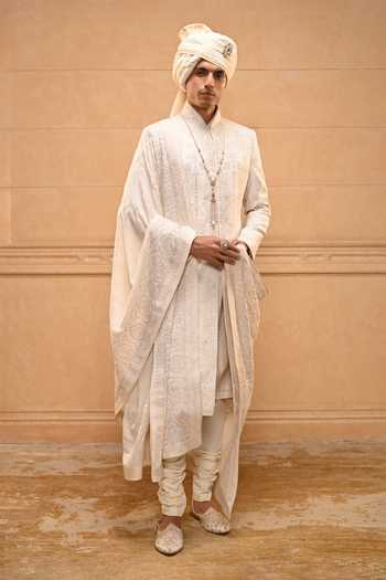 Tarun Tahiliani_Ivory Georgette, Jacquard, Poplin Brooches Chikankari Embroidered Sherwani Set _Online_at_Aza_Fashions