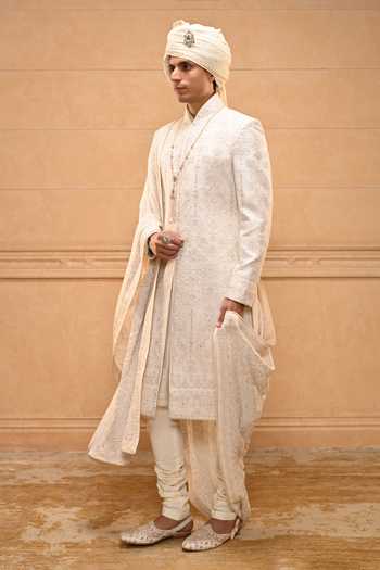 Buy_Tarun Tahiliani_Ivory Georgette, Jacquard, Poplin Brooches Chikankari Embroidered Sherwani Set _Online_at_Aza_Fashions