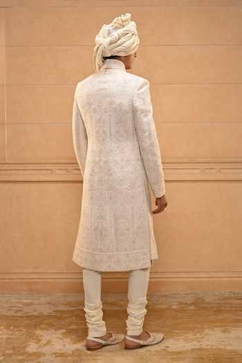 Shop_Tarun Tahiliani_Ivory Georgette, Jacquard, Poplin Brooches Chikankari Embroidered Sherwani Set _Online_at_Aza_Fashions