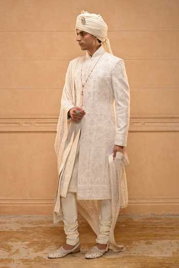 Buy_Tarun Tahiliani_Ivory Georgette, Jacquard, Poplin Brooches Chikankari Embroidered Sherwani Set 