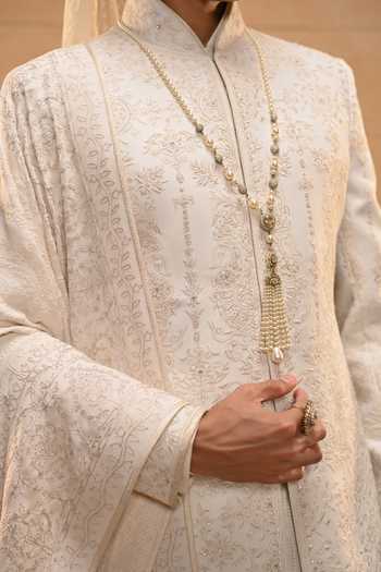 Shop_Tarun Tahiliani_Ivory Georgette, Jacquard, Poplin Brooches Chikankari Embroidered Sherwani Set 