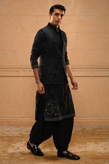 Shop Tarun Tahiliani Black Georgette, Cotton Satin, Suiting Dori Embroidered Waistcoat Set Online at Aza Fashions Shop_Tarun Tahiliani_Black Georgette, Cotton Satin, Suiting Dori Embroidered Waistcoat Set _Online_at_Aza_Fashions