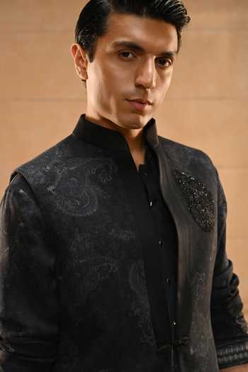 Tarun Tahiliani Black Georgette, Cotton Satin, Suiting Dori Embroidered Waistcoat Set at Aza Fashions Tarun Tahiliani_Black Georgette, Cotton Satin, Suiting Dori Embroidered Waistcoat Set _at_Aza_Fashions