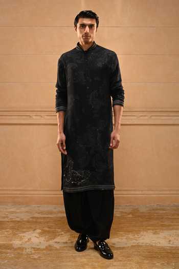 Buy Tarun Tahiliani Black Georgette, Cotton Satin, Suiting Dori Embroidered Waistcoat Set Buy_Tarun Tahiliani_Black Georgette, Cotton Satin, Suiting Dori Embroidered Waistcoat Set