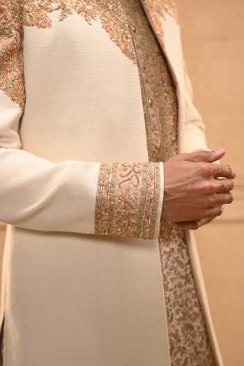 Tarun Tahiliani_Ivory Cotton Kashida Embroidered Sherwani Set _Online_at_Aza_Fashions