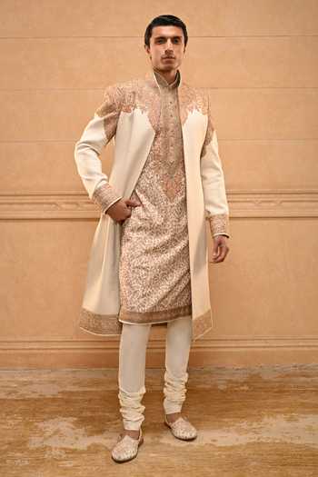 Buy_Tarun Tahiliani_Ivory Cotton Kashida Embroidered Sherwani Set _Online_at_Aza_Fashions