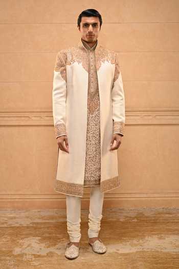 Tarun Tahiliani_Ivory Cotton Kashida Embroidered Sherwani Set _at_Aza_Fashions