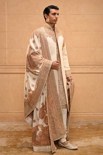 Shop_Tarun Tahiliani_Ivory Cotton Kashida Embroidered Sherwani Set 