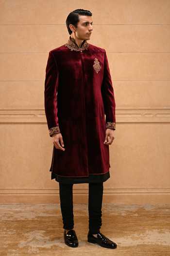 Tarun Tahiliani_Wine Cotton, Georgette, Velvet, Poplin Zardozi Sherwani Set _Online_at_Aza_Fashions