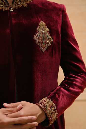 Buy_Tarun Tahiliani_Wine Cotton, Georgette, Velvet, Poplin Zardozi Sherwani Set _Online_at_Aza_Fashions