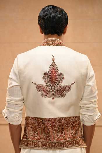 Tarun Tahiliani Ivory Cotton, Poplin Kashida Waistcoat Set Online at Aza Fashions Tarun Tahiliani_Ivory Cotton, Poplin Kashida Waistcoat Set _Online_at_Aza_Fashions