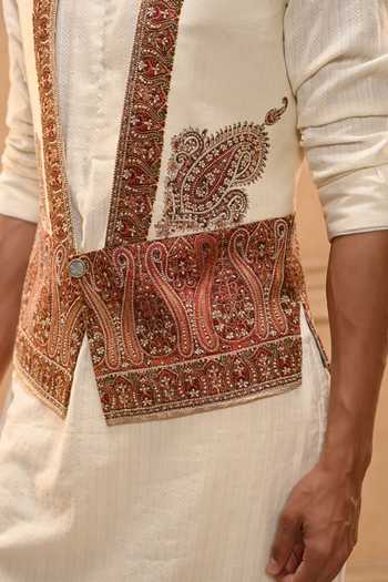 Tarun Tahiliani Ivory Cotton, Poplin Kashida Waistcoat Set at Aza Fashions Tarun Tahiliani_Ivory Cotton, Poplin Kashida Waistcoat Set _at_Aza_Fashions