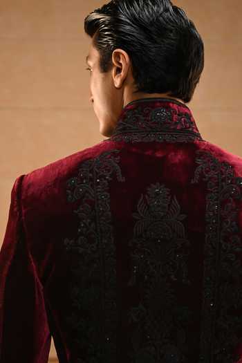 Buy_Tarun Tahiliani_Black Velvet, Cotton Satin, Suiting Embroidery, Sequins, Pearls Bandhgala Set _Online_at_Aza_Fashions
