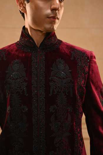 Tarun Tahiliani_Black Velvet, Cotton Satin, Suiting Embroidery, Sequins, Pearls Bandhgala Set _at_Aza_Fashions