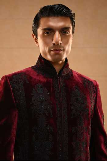 Shop_Tarun Tahiliani_Black Velvet, Cotton Satin, Suiting Embroidery, Sequins, Pearls Bandhgala Set 