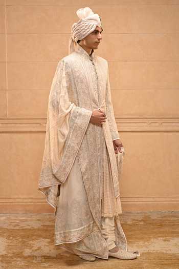 Tarun Tahiliani_Gold Georgette, Brocade, Jacquard, Poplin Kashida Embroidered Sherwani Set _Online_at_Aza_Fashions