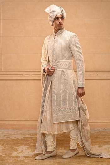 Buy_Tarun Tahiliani_Gold Georgette, Brocade, Jacquard, Poplin Kashida Embroidered Sherwani Set _Online_at_Aza_Fashions