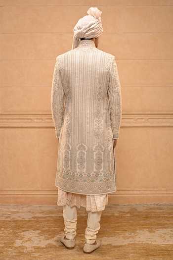 Shop_Tarun Tahiliani_Gold Georgette, Brocade, Jacquard, Poplin Kashida Embroidered Sherwani Set _Online_at_Aza_Fashions
