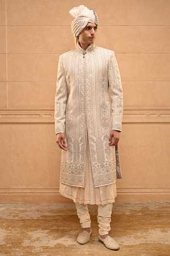 Tarun Tahiliani_Gold Georgette, Brocade, Jacquard, Poplin Kashida Embroidered Sherwani Set _at_Aza_Fashions