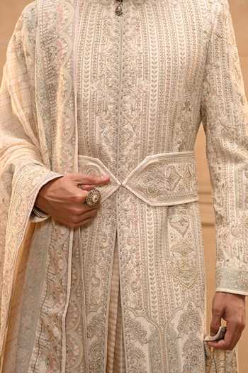 Buy_Tarun Tahiliani_Gold Georgette, Brocade, Jacquard, Poplin Kashida Embroidered Sherwani Set 