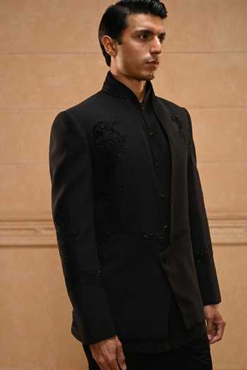 Tarun Tahiliani_Black Georgette, Cotton Satin, Suiting Sequins, Temple Motif Bandhgala Set _Online_at_Aza_Fashions