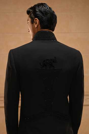 Buy_Tarun Tahiliani_Black Georgette, Cotton Satin, Suiting Sequins, Temple Motif Bandhgala Set _Online_at_Aza_Fashions