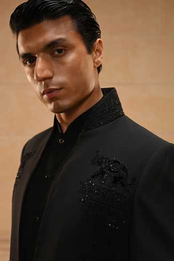 Shop_Tarun Tahiliani_Black Georgette, Cotton Satin, Suiting Sequins, Temple Motif Bandhgala Set _Online_at_Aza_Fashions