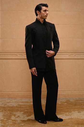 Tarun Tahiliani_Black Georgette, Cotton Satin, Suiting Sequins, Temple Motif Bandhgala Set _at_Aza_Fashions