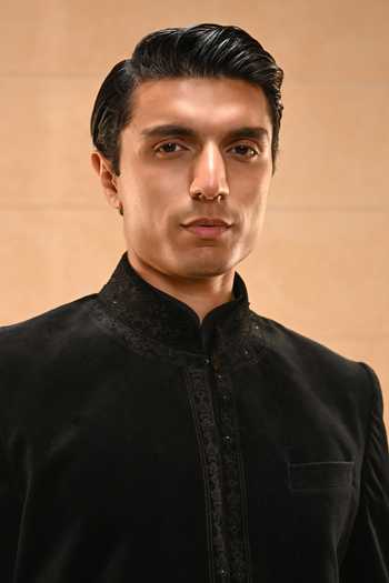 Tarun Tahiliani Black Cotton Satin, Velvet Classic Bandhgala Set Online at Aza Fashions Tarun Tahiliani_Black Cotton Satin, Velvet Classic Bandhgala Set _Online_at_Aza_Fashions